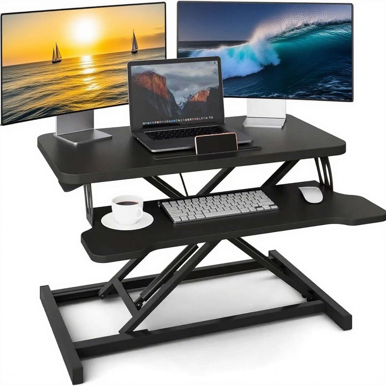 Adjustable Standing Desk Converter, Height Adjustable Desk Riser, Manual Pneumatic Spring Laptop Workstation (Black)