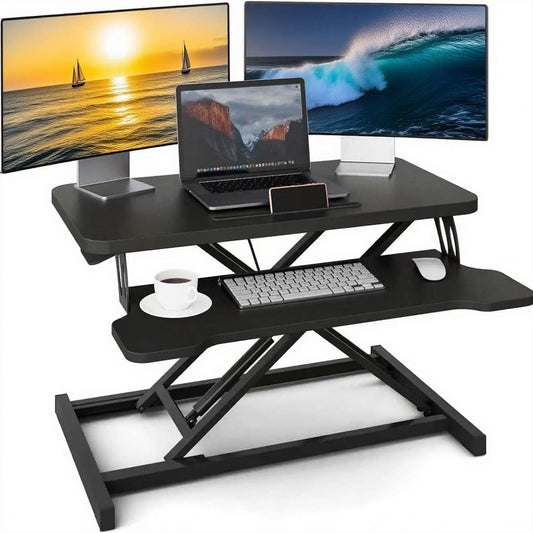 Adjustable Standing Desk Converter, Height Adjustable Desk Riser, Manual Pneumatic Spring Laptop Workstation (Black)