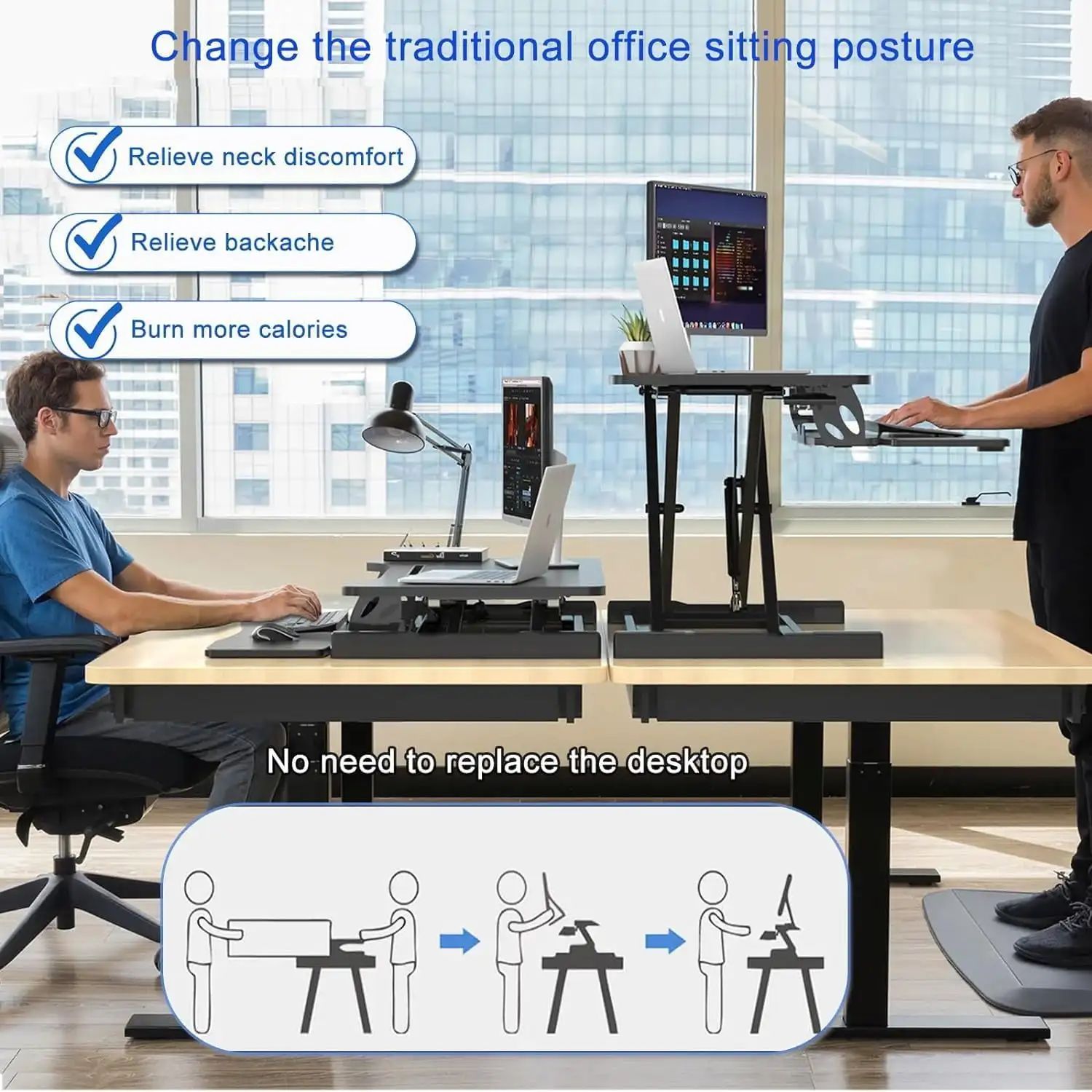 Adjustable Standing Desk Converter, Height Adjustable Desk Riser, Manual Pneumatic Spring Laptop Workstation (Black)