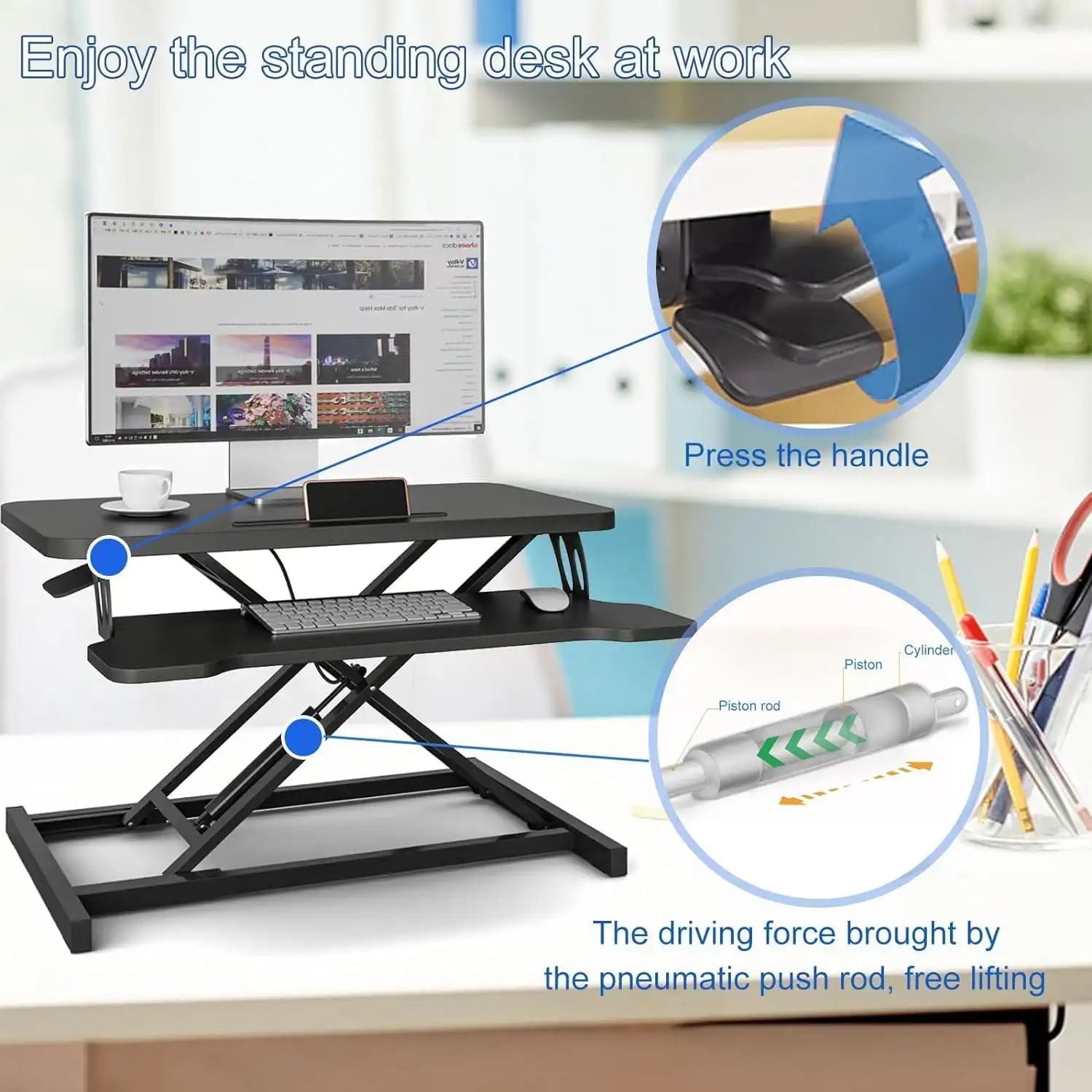 Adjustable Standing Desk Converter, Height Adjustable Desk Riser, Manual Pneumatic Spring Laptop Workstation (Black)