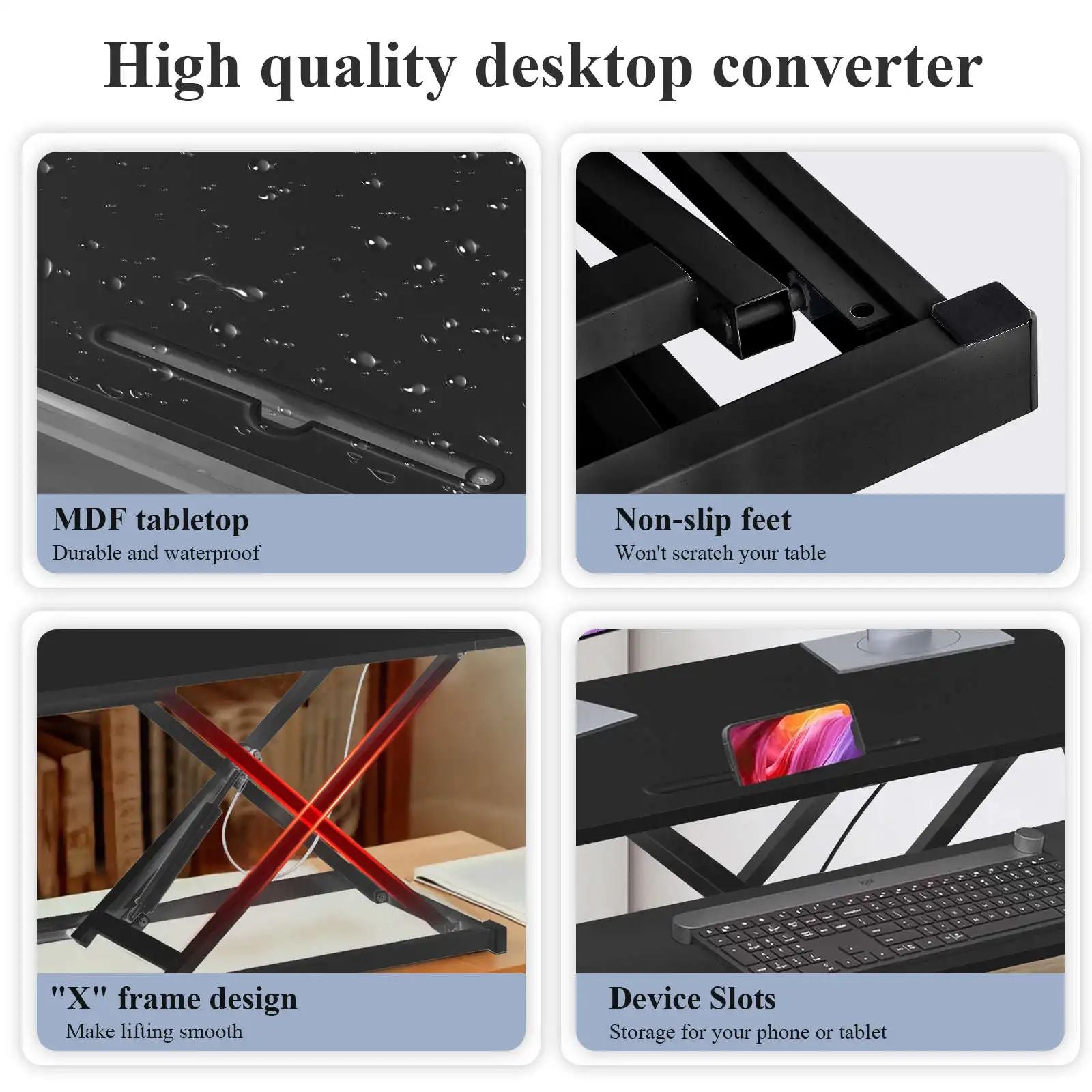 Adjustable Standing Desk Converter, Height Adjustable Desk Riser, Manual Pneumatic Spring Laptop Workstation (Black)